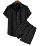 2025 Summer Button-Up Mens Suits Casual Loose Solid Beach Outfit Corduroy Turn-down Collar Short Sleeve Two-piece Sets for Men