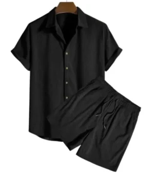 2025 Summer Button-Up Mens Suits Casual Loose Solid Beach Outfit Corduroy Turn-down Collar Short Sleeve Two-piece Sets for Men - Image 3