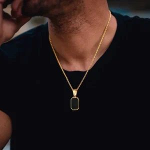 2024 Stylish Gold Color Mens Geometric Square Necklaces,Black Enamel Rectangle Pendant with Rope Box Chain Collar Gift Jewelry