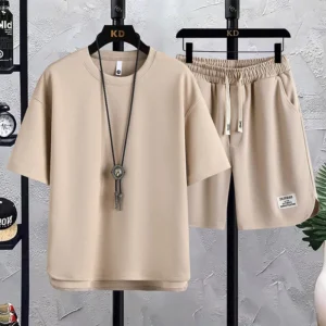 2025 Fashion Suit Waffle T-shirt Trendy Summer New Men's Short-sleeved T-shirt Shorts Casual Versatile Two-piece Suit - Image 4