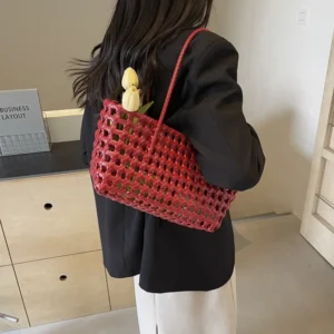 LEFTSIDE Small Solid Color Weave Tote Bags for Women 2025 Fashion Summer Shoulder Bags Simple Handbags Hollow Out Beach Bag - Image 4