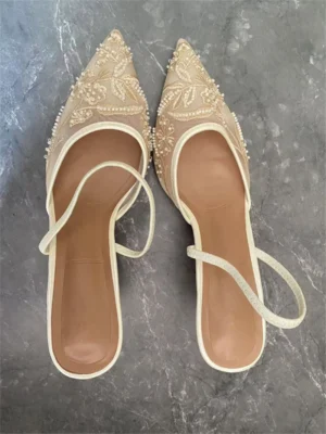 Women's Mesh Floral Embroidered Slingback High Heels Female Open Heel Pearl Studded Pointed Toe Sandals Sexy Stiletto Lady Mules - Image 5