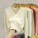 Solid Color Long Sleeved Casual Tops Korean Style V-neck Knitted Cardigan 2025 Autumn Winter New Black Wearing Outside Sweater