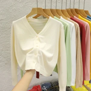 Solid Color Long Sleeved Casual Tops Korean Style V-neck Knitted Cardigan 2025 Autumn Winter New Black Wearing Outside Sweater