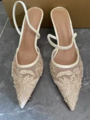 Women's Mesh Floral Embroidered Slingback High Heels Female Open Heel Pearl Studded Pointed Toe Sandals Sexy Stiletto Lady Mules
