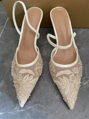 Women's Mesh Floral Embroidered Slingback High Heels Female Open Heel Pearl Studded Pointed Toe Sandals Sexy Stiletto Lady Mules - Image 3