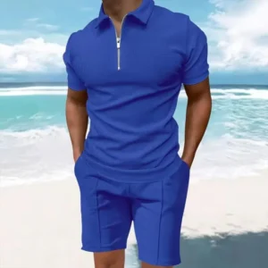 Men's Comfortable Short-Sleeved Waffle Polo Shirt And Shorts Set - Breathable Lightweight Spring/Summer Clothing - Image 2