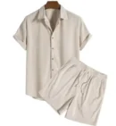 2025 Summer Button-Up Mens Suits Casual Loose Solid Beach Outfit Corduroy Turn-down Collar Short Sleeve Two-piece Sets for Men