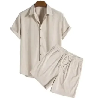 2025 Summer Button-Up Mens Suits Casual Loose Solid Beach Outfit Corduroy Turn-down Collar Short Sleeve Two-piece Sets for Men - Image 5