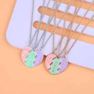 Lovecryst 3Pcs/set Cute 3-color Heart Broken Stitching Magnetic Best Friend Necklace for Girls BFF Friendship Jewelry Gift - Image 2