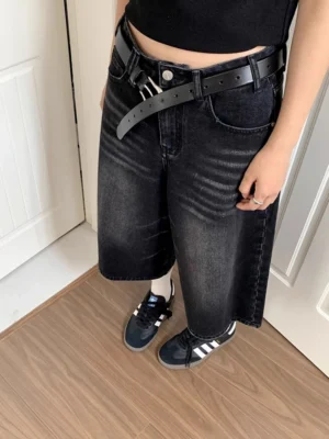 High Waist Black Retro Washed Denim Shorts Women's Harajuku Vintage Fashion Casual Loose Y2K Streetwear Mid Long Wide Leg Pants - Image 3