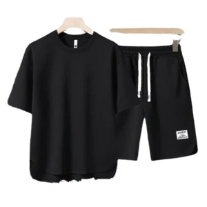 2025 Fashion Suit Waffle T-shirt Trendy Summer New Men's Short-sleeved T-shirt Shorts Casual Versatile Two-piece Suit - Image 6