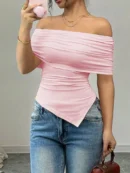 Women New T-shirt Summer Fashion Slash Neck Streetwear Casual Slim Versatile Tees Solid Sexy Off Shoulder Elegant Lady Clothing