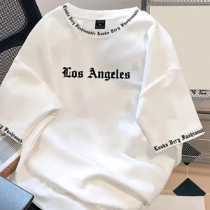 2024 New Men's Letter Print Pattern Round Neck Short Sleeve Casual Loose T-shirt Solid Color Base Coat American Style