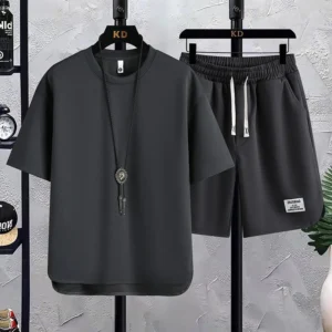 2025 Fashion Suit Waffle T-shirt Trendy Summer New Men's Short-sleeved T-shirt Shorts Casual Versatile Two-piece Suit - Image 3