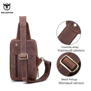 BULLCAPTAIN Men's Crossbody Bags Crazy Horse Leather Chest Bag's Leather Crossbody Bages Retro Men's Zip Pocket Short Travel Bag - Image 2