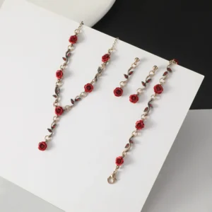 Vintage French Style Red Rose Flower Necklace Bracelet Earring Jewelry Set for Women Wedding Engagement Jewelry - Image 6