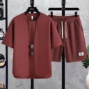2025 Fashion Suit Waffle T-shirt Trendy Summer New Men's Short-sleeved T-shirt Shorts Casual Versatile Two-piece Suit