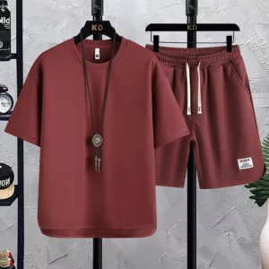 2025 Fashion Suit Waffle T-shirt Trendy Summer New Men's Short-sleeved T-shirt Shorts Casual Versatile Two-piece Suit - Image 2