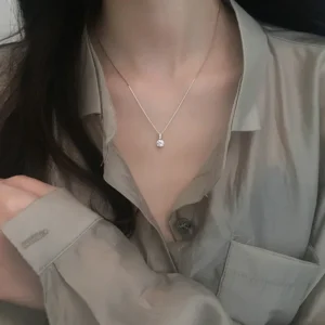 Light Luxury Round White Zircon Pendant Silver Color Necklace Minimalist Style Charm Choker Party for Women's Fashion Jewelry - Image 3