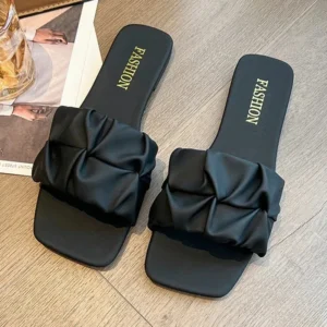 Summer Slippers For Women Flip Flops Flats 2025 New Pleated Korean Slippers Women Sandals Green Slip On Shoes Big Size 36-43 - Image 3