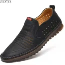 Men Casual Shoes Summer Breathable Leather Loafers Shoes for Men Outdoor Soft Sole Hollow Driving Shoes Fashionable Dress Shoe