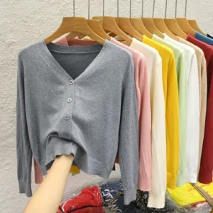 Solid Color Long Sleeved Casual Tops Korean Style V-neck Knitted Cardigan 2025 Autumn Winter New Black Wearing Outside Sweater - Image 2