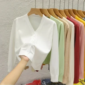 Solid Color Long Sleeved Casual Tops Korean Style V-neck Knitted Cardigan 2025 Autumn Winter New Black Wearing Outside Sweater - Image 4