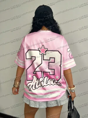 Pink Girls' Digital Printed Jersey T-Shirt Summer Women'S Sports Fashion Age Reducing Streetwear Y2k Casual Travel Clothing Top - Image 3