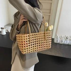 LEFTSIDE Small Solid Color Weave Tote Bags for Women 2025 Fashion Summer Shoulder Bags Simple Handbags Hollow Out Beach Bag - Image 3