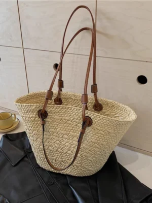 Colorful Straw Woven Beach Bag Large Capacity Underarm Basket Bag Seaside Holiday Woven Bag Spacious Women Shopper Tote Handbag
