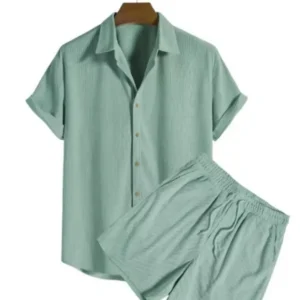 2025 Summer Button-Up Mens Suits Casual Loose Solid Beach Outfit Corduroy Turn-down Collar Short Sleeve Two-piece Sets for Men - Image 4
